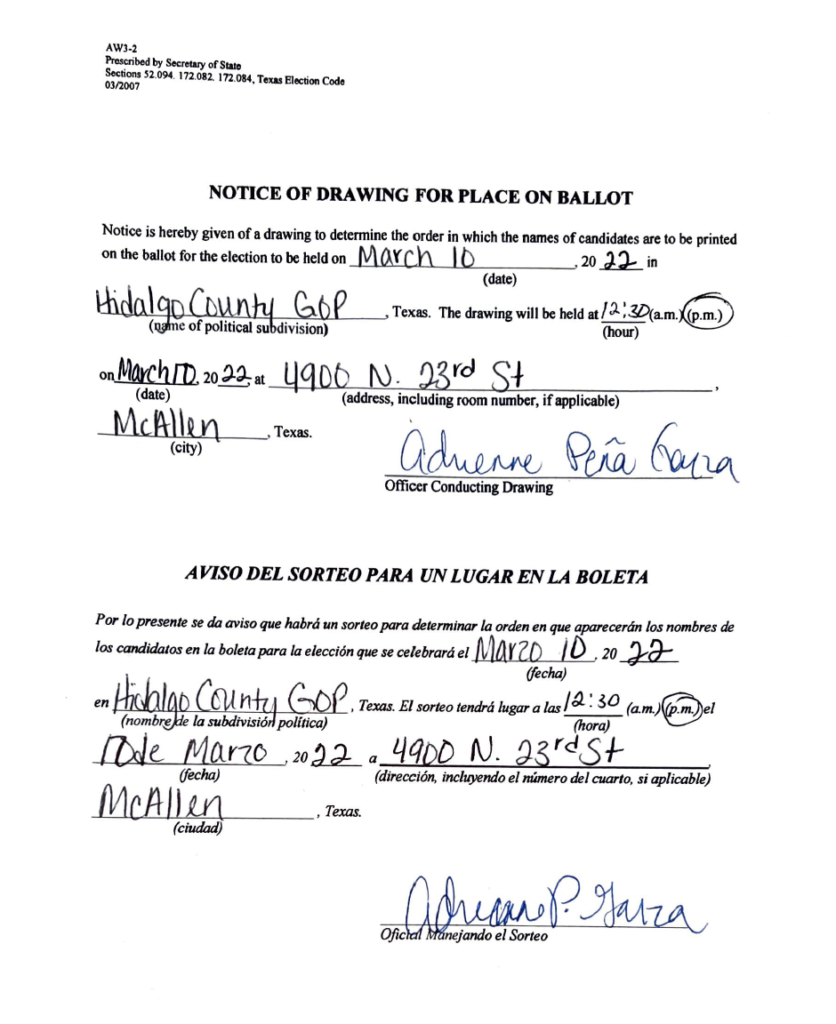 Notice of Drawing for Place on the Ballot Hidalgo County GOP
