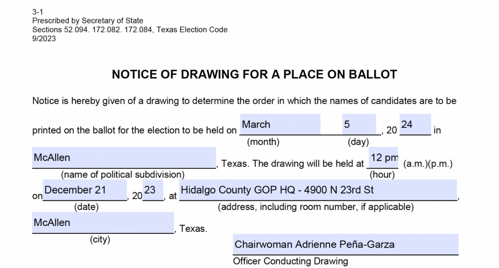 NOTICE OF DRAWING FOR A PLACE ON BALLOT Hidalgo County GOP